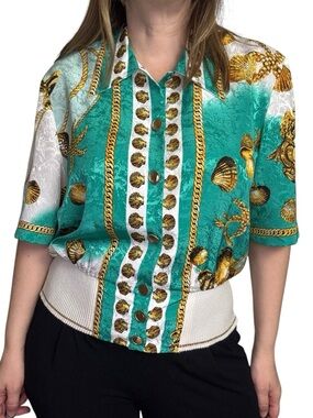 Vintage Seashell Satin Blouse White Green with Gold Buttons Boxy size 14P USA
